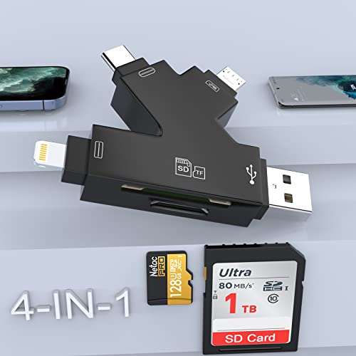 Multi 4-in-1 Lightning+Type C+USB A+Micro USB Card Reader for iPhone/iPad/Android/Mac/Computer/Tablet Camera,Portable Card Adapter&Trail Camera Viewer Compatible with SD/TF/Micro SD Card