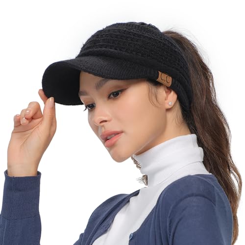 C.C Knitted Visor for Women - AcrylicStretchable Soft Warm Knit Winter Visor Hat (Beanie Cap) (Black)