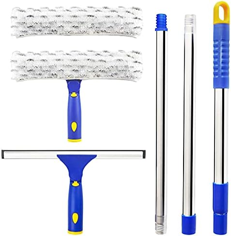 ITTAHO Squeegee for Window Cleaning,12"Squeegee and 11"Microfiber Scrubber Combi with Stainless Steel Pole,Extendable Squeegee Window Cleaner for Car,Sliding Door,Shower Glass Door-Swivel Style-2 Pads