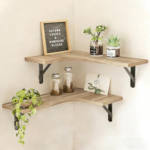Yalixuan Lot de 2 étagères d'angle murales en bois pour chambre à coucher, salle de bain, cuisine, crèche, salon, bureau, étagères d'angle flottantes,...