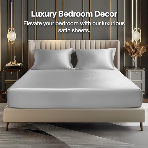 Image of BEDELITE Satin Fitted Sheet & Pillowcase Set, Cal King Size, Grey, 3-Piece | Luxury Soft Silk-Like Fitted Sheet Set, 15 Inch Deep Pocket, Elegant Smooth and Reduces Friction, Gentle on Hair and Skin