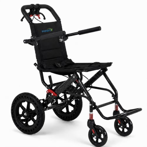 Image of EverActiv AERO GLIDE Foldable Travel Wheelchair, 9.5 kg Lightweight Portable Wheel Chair for Seniors & Patients, Compact Attendant Wheelchair with Aluminium Frame, Hand Brakes, Safety Belt & Foldable Footrest