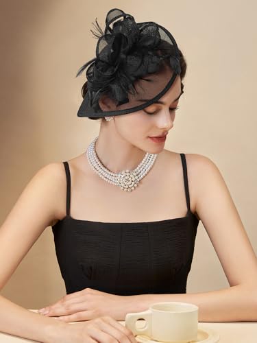 Fascinators Hats for Women, Kentucky Tea Party Hats Derby Hat Black — view 2