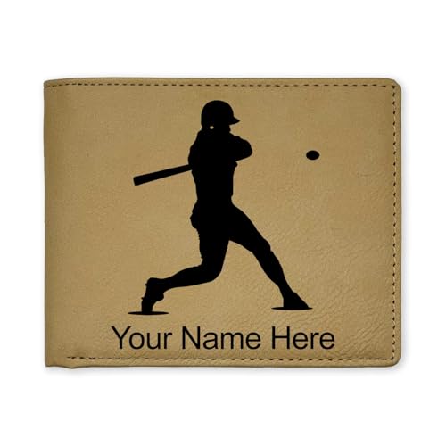 LaserGram Faux Leather Bi-Fold Wallet, Baseball Player 3, Personalized Engraving Included (Beige)