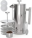 Indestructible French Press Coffee & Tea Maker Complete Bundle (1L – 8 Cups): 3 Items–French Press, Serving Scoop, Dessert Spoon & 4 Ultra-Fine Filter Screens-Double-Wall Stainless Steel-Top Rated