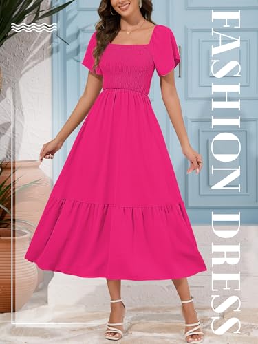 Image of Women's Summer Causal Dress Flowy Maxi Dress Square Neck Sleeve Tiered Smocked with Pockets(Hot Pink,Medium)
