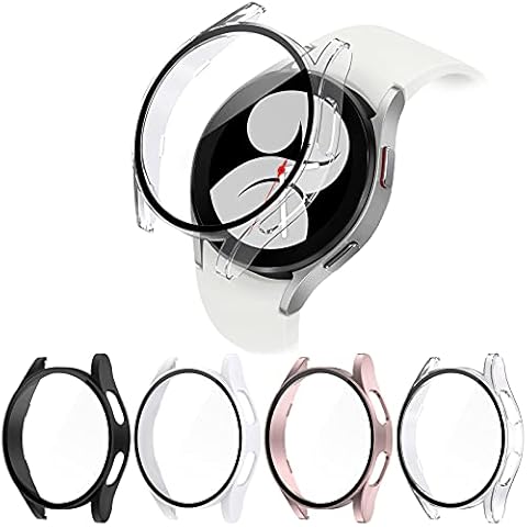 NANW [𝟰 𝙋𝙖𝙘𝙠] Hard PC Case with Tempered Glass Screen Protector Compatible with Samsung Galaxy 5/4 44mm, Electroplated Case All Around Protective Bumpers Cover for Galaxy Watch 5/4 Smartwatch Cover