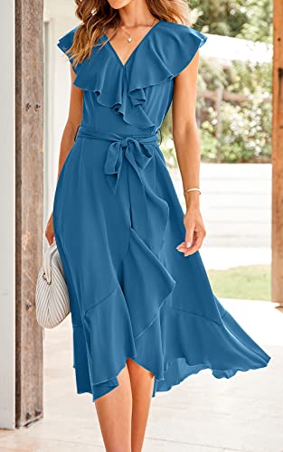 Image of PRETTYGARDEN Women's 2023 Summer Wrap Maxi Dress Casual Boho Deep V Neck Short Sleeve Ruffle Hem Split Beach Long Dresses, Grey Blue, M