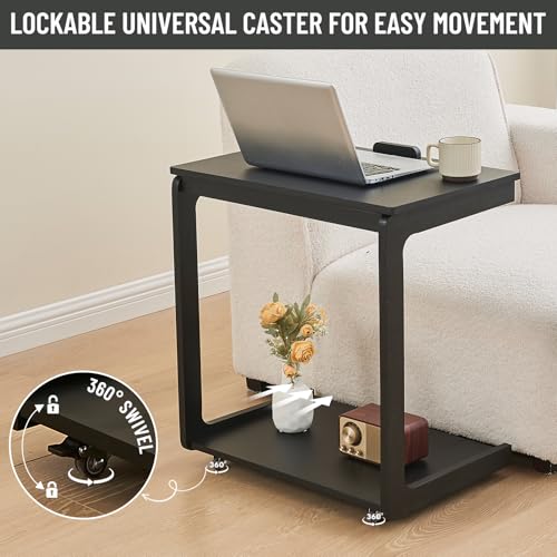 Image of Uniclinens Rolling Side Table, C Shape Couch End Table with Wheels, Mobile Wooden Sofa Tray,Movable Small Couch Desk for Bedroom Living Room, Black