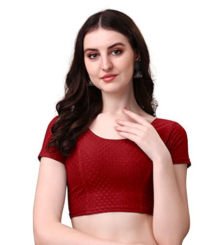 Image of Mogsa Women's Stretchable Dobby Cotton Lycra Saree Blouse | Readymade Stitched Blouse | Round Neck | Short Sleeve | Soft & Comfortable Ethnic Blouse for Saree Wear