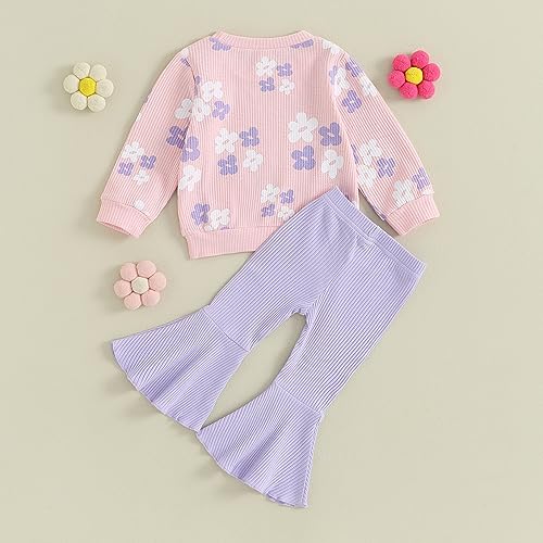 DSORVICD Toddler Girl Fall Clothes Floral Knit Crewneck Sweatshirts Flare Pants Set Bell-Bottoms Outfits4