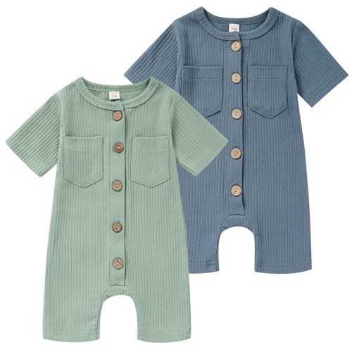 Image of TITKKOP Newborn Baby Boy Girl Clothes 2 Pack Solid Romper Short Sleeve One-Piece Jumpsuits Outfits Sets