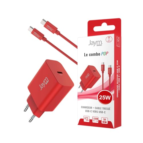 JAYM® Pop - Pack Chargeur Secteur USB-C 25W PD + Câble Tressé USB-C 1,5m (60W) – Recharge Rapide pour Samsung Galaxy S26/S25/S24, iPhone 17/16/15, Pixel...