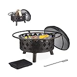 Relaxdays Feuerschale mit Funkenschutz, Grill- & Kohlerost, Schürhaken, Schutzhülle, HxD: 53 x 76 cm, Feuerkorb, Bronze