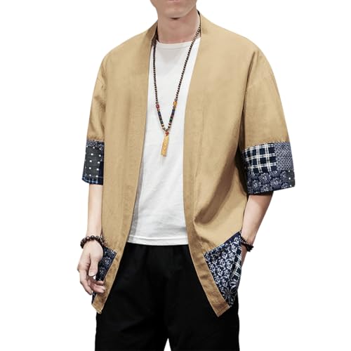 Image of PRIJOUHE Men's Kimono Jackets Cardigan Lightweight Casual Cotton Blends Linen Seven Sleeves Open Front Coat Outwear