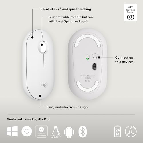 Logitech Pebble Mouse 2 M350s Slim Bluetooth Wireless Mouse, Portable, Lightweight, Customizable Button, Quiet Clicks, Easy-Switch for Windows, macOS, iPadOS, Android, Chrome OS - Tonal White by Logitech - Image 6