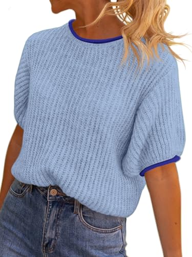 Image of Saodimallsu Womens Puff Short Sleeve Sweater Tops Spring Summer Color Block Ribbed Knit Crew Neck Going Out Shirts