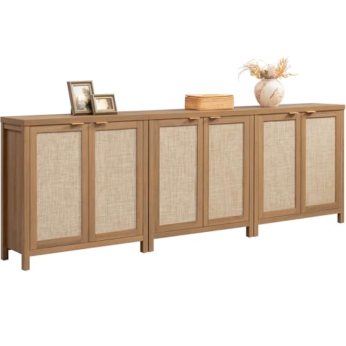 SICOTAS Sideboard Buffet Coffee Bar Cabinet - 3 Pieces Farmhouse Boho Rattan Credenza Storage Cabinet with Large Storage for Kitchen, Living Room, Entryway, Oak