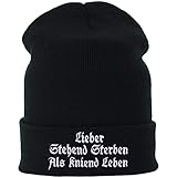 Strickmütze: Lieber stehend sterben als kniend Leben Rocker Streetwear Wintermütze Biker Wollmütze/Haube Herren/Damen/Teenager Unisex Rollmütze/Arbeitsmütze SCHWARZ Long Beanie Cap OneSize