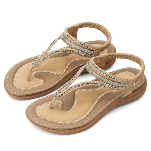 Image of UBFEN Womens Bohemian Flat Sandals With Back Strap Summer Beach Comfortable Bling