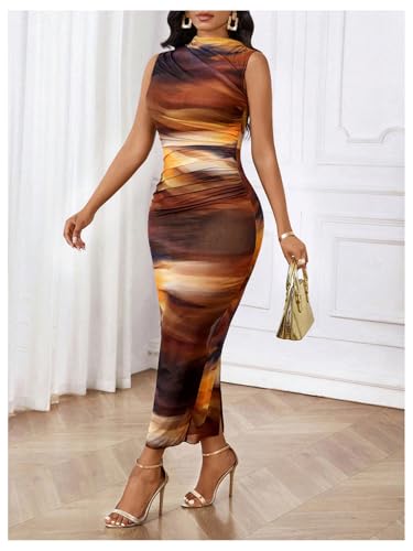 Image of Milumia Women's Printed Mock Neck Bodycon Maxi Dress Sleeveless Mesh Long Dress Party Cocktail