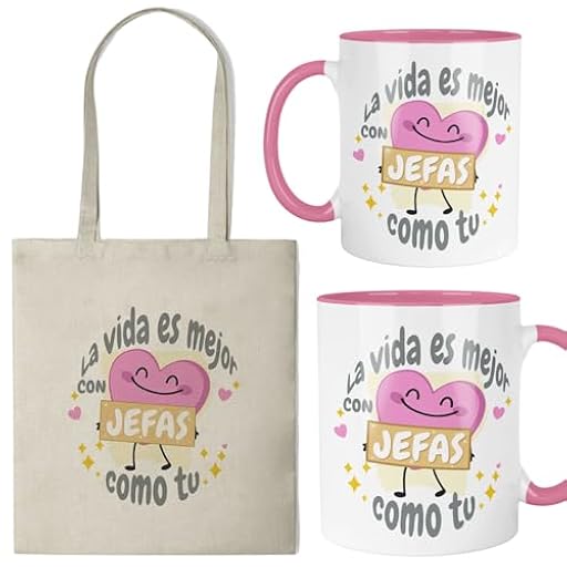 Kembilove Set Regalo “La vida es mejor con jefas como tú” – Taza Cerámica 11 oz y Bolsa Tote Personalizadas con Nombre – Interior y Asa Rosa (Color de Taza a Elegir) | Ya disponible en tu tienda friki favorita! En mundofriki.es!