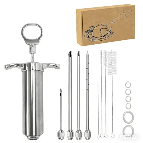 Jeringa de Cocina de Acero Inoxidable, Inyector de Marinada Profesional con 4 Agujas para Carne, 60ml para Pavo, Asados, BBQ y Repostería,Mechador de Carne con Cepillos de Limpieza Incluidos