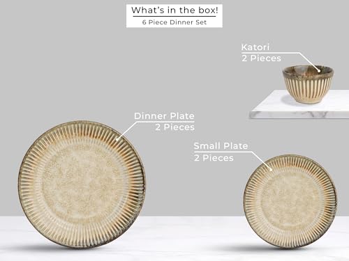 Image of Bodhi House Premium 6-Piece Stoneware Dinner Set Serving for 2 - Handcrafted Ceramic Plates, Bowls & Serving Bowls | Microwave & Dishwasher Safe | Elegant Modern Tableware Crockery Rustic Sand Beige
