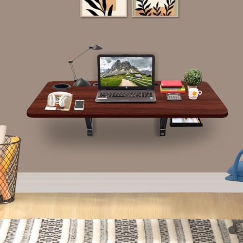 Image of wow craft Wall-Mounted Multipurpose Study Table for Home & Office | Foldable Wooden Desk with Drawer, Cable Slot & Cup Holder | Space Saving Workstation (Brownn)