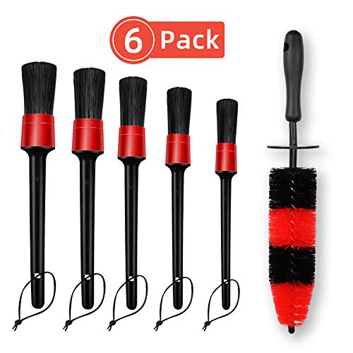6 PCS Car Wheel Brush Cleaning Set, 16.5 Inch Long Soft Bristle Tire Brush and 5 Different Sizes Detailing Brush Kit For Washing Wheels Rims Exhaust Tips Vehicle Engine Air Vents And Interior