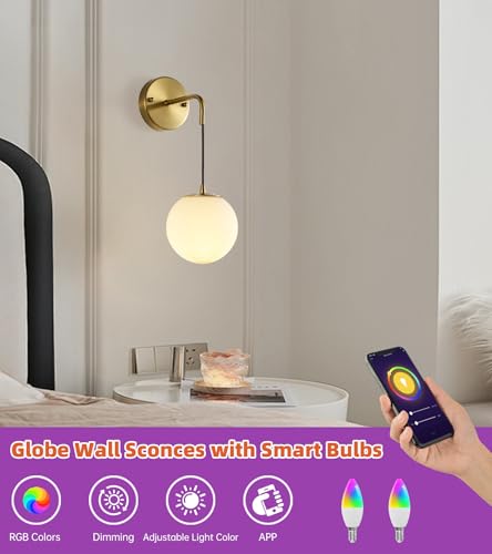 Image of Globe Wall Sconce Set of 2, Frosted White Glass Wall Lighting Fixtures with 2 Smart LED Bulbs for Bedroom Hallway Living Room Bathroom，Brass