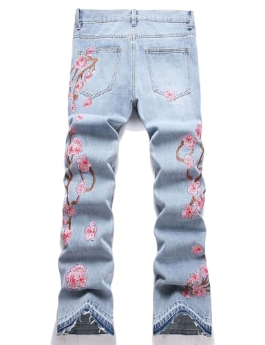Men Sakura Embroidery Boot Cut Denim Jeans with Released Hem2