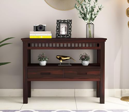 Image of Sheesham Wood Console Table for Living Room | Solid Wood Entryway Hallway Sofa & Fish Tank Table with 2 Drawers & Shelf Storage | Rosewood Walnut Finish