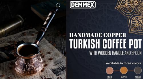 Image of DEMMEX 2019-9 Oz Thick 2mm Copper Turkish Greek Arabic Engraved Coffee Pot Stovetop Coffee Maker Cezve Ibrik Briki with Wooden Handle & Wooden Pot Spoon, for 3 People (Copper)
