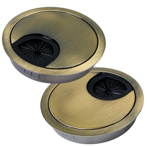 Selyse 2 pasacables para escritorio de 60 mm de metal con pasajes de goma, cubierta redonda para gestión de cables para oficina y encimera, fácil montaje (bronce verde antiguo)