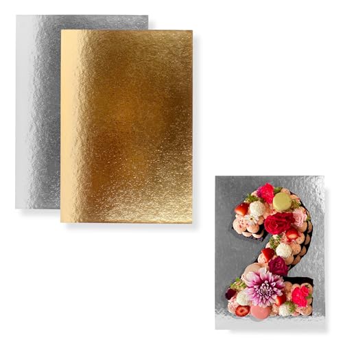 Base de Tarta Rectangular 35x25 cm | Pack de 10 Oro - Plata | Grosor 1 mm | Expositor en Cartón para Bizcochos, Pasteles y Dulces | Plateado y Dorado