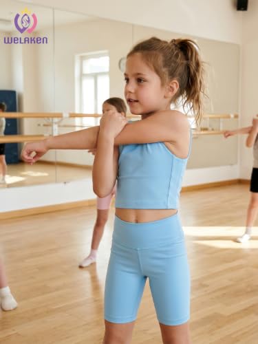 Image of WELAKEN Girls 2 Piece Athletic Outfit Kids Yoga Crop Tank Top and Biker Shorts Set