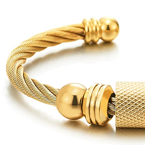 Coolsteelandbeyond Men Women Steel Gold Color Twisted Cable Cuff Bangle Bracelet With Bead Charms, Polished, Adjustable #TOP19