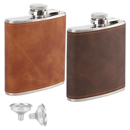 Vokowin 2 pcs 6oz Hip Flask with 2 Funnels, Stainless Steel Portable Pocket Whiskey Flask with Leather Wrapped Cover, Leak Proof Hip Flask for Men Women Travel Gift (Brown, Coffee)(K286-2)