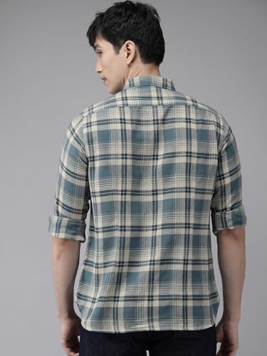 Image of THE BEAR HOUSE Men's Checked Slim Fit Flannel Casual Shirt | Blue & White | TBH-BASTA-BL