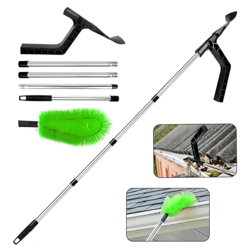 Aolawco 2-in-1 Gutter Cleaning Tools with Gutter Brush & Leaf Shovel, 170cm Telescopic Gutter Cleaner with 4-Section Pole, Gutter Cleaner Suitable for Bungalow (2 Layer Terraced House Need Ladder)
