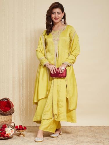 Image of MOKOSH Women's Silk Embroidery Anarkali Kurta Pant with Dupatta | Anarkali Kurta Set | Round Neck Full Sleeve Ethnic Suit | Indian Kurta Outfit with Pant | 3 Piece Outfit