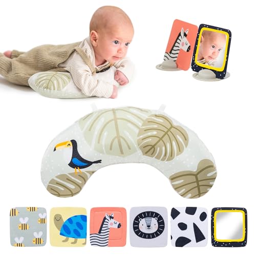 Taf Toys Tummy Time Set with Ergonomic Cushion, Double-Sided High Contrast Black & White Flash Cards & Mirror Card, Developmental Baby Play Mat Accessories & Card Stands for Newborn Infant Tummy Time