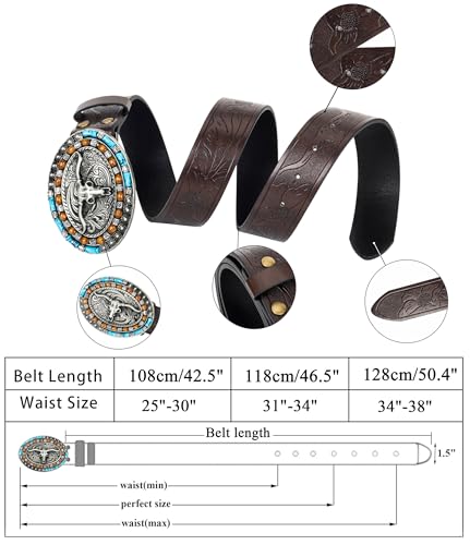 Western Cowboy Belt – Floral Longhorn Bull Buckle Embossed Vintage Genuine Leather Unisex 25"-38".3