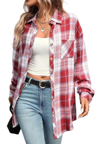 CHYRII Womens Oversized Flannel Shirts Button Down Long Sleeve Plaid Shirt Business Casual Blouse Top Red M