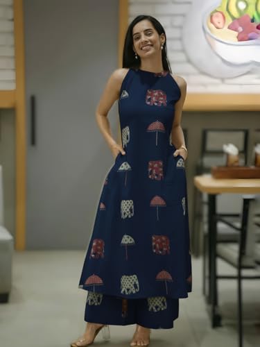 Image of GoSriKi Cotton Co Ord Set for Women | Kurta with Palazzo | Kurti for Woman | Black Printed Ethnic Outfit | Cord Style Dress | Stylish Indian Clothing Office Party Traditional Fashion Look