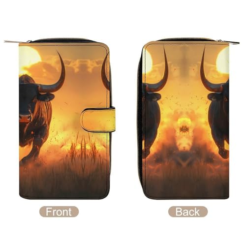 Angry Running Bull Sunset Fashion Women's Wallet RFID Blocking Bifold Clutch Purse Compact Card Holder 19.7x11x3.5cm3