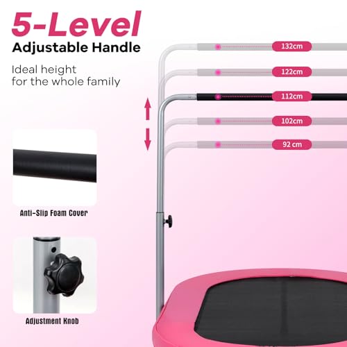 GYMAX Foldable Kids Trampoline, 60” Fitness Rebounder with 92-132cm Height Adjustable Handle, Indoor Outdoor Exercise Trampolines for 2 Toddlers Parent-Child, Max Load 150kg (Pink) - Image 2