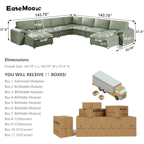 Image of EASE MOOSE Faux Leather Sectional Couch with Ottoman, Oversized Modular Sofa, Vintage Comfy Modular Couch, Scratch Resistant Material Sofas, U Shaped Couch for Living Room, Green