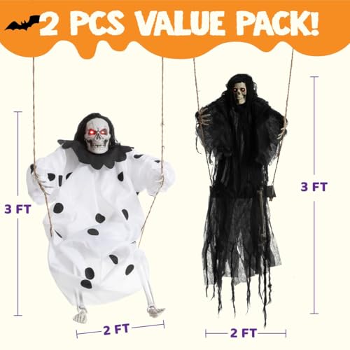 Image of JOYIN 2 Pcs Halloween Hanging Swinging Ghosts Decorations Outdoor, Halloween Scary Decor with Lighted Up Eyes, Creepy Swinging Skeleton Flying Props for Yard Patio Lawn Garden